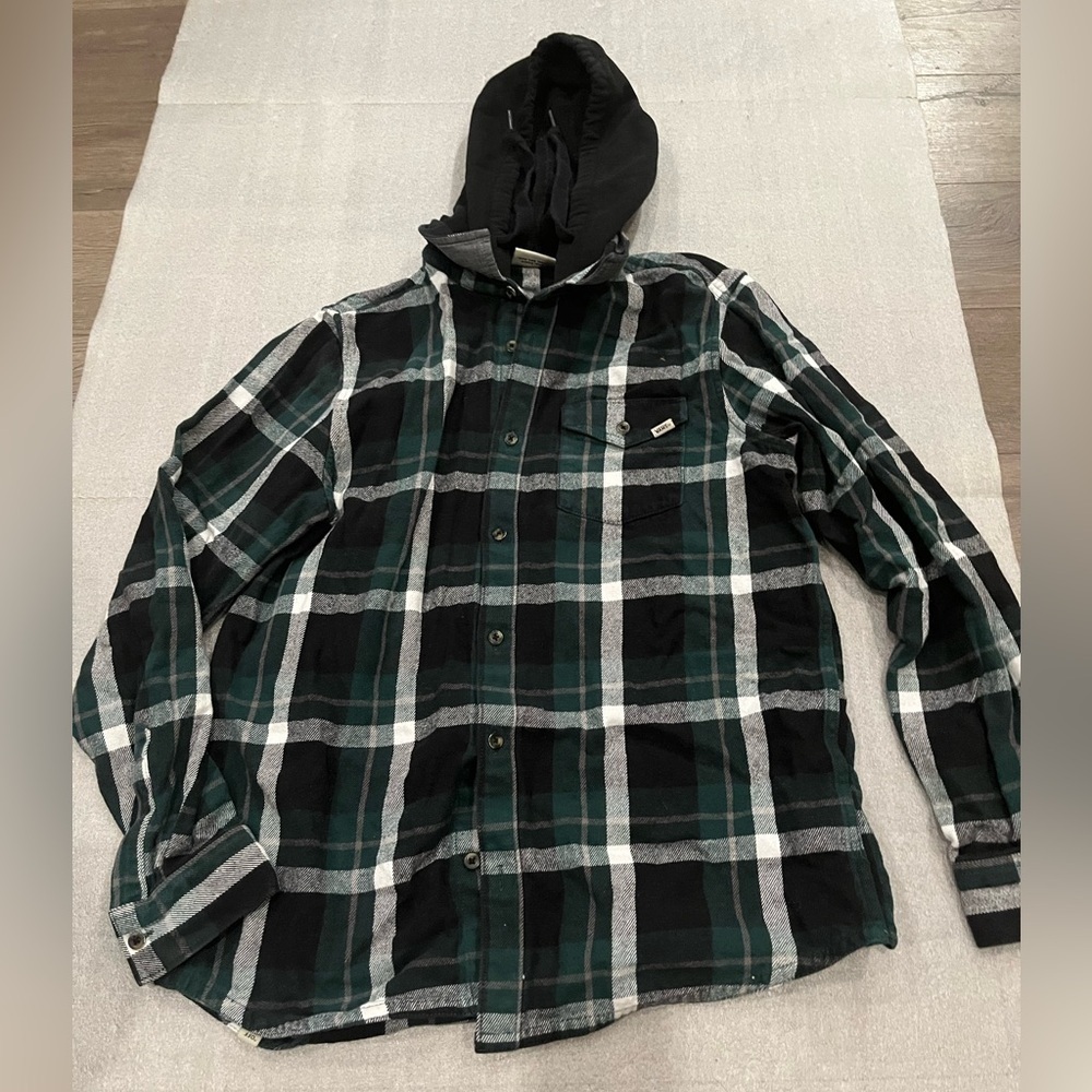 [S]Vans Black and Green Plaid Flannel Hoodie Shirt